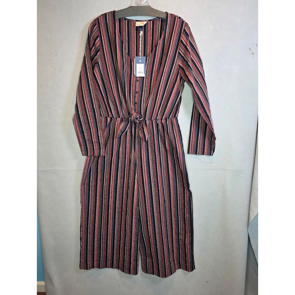 Universal Thread Womens Striped Long Sleeve Tie Waist Jumpsuit Navy Red Large